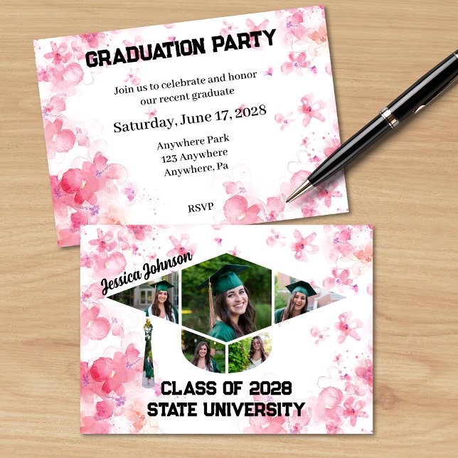 Aquarell Rosa Abschluss Foto Party Einladung (Pink Watercolor Floral Pattern Matching Graduation Party Invitation with a shape photo collage)