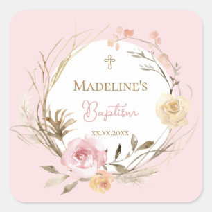 Aquarell rosa beigefarbene Blumen Taufe Quadratischer Aufkleber