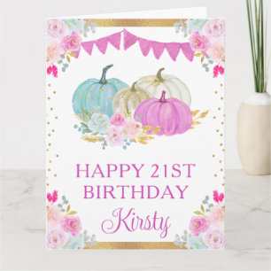Aquarell-Rosa-Blau-Blumen-Kürbis-Geburtstag Karte