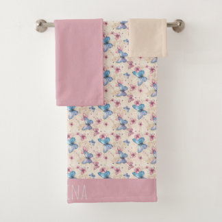 Aquarell-Rosa-Blau-Schmetterling-Mustername Badhandtuch Set