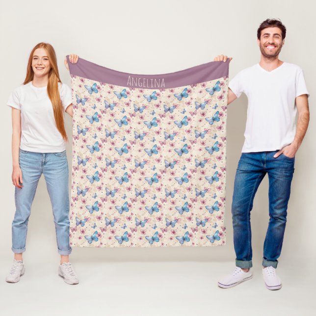 Aquarell-Rosa-Blau-Schmetterlingsmuster Name  Fleecedecke (Beispiel)
