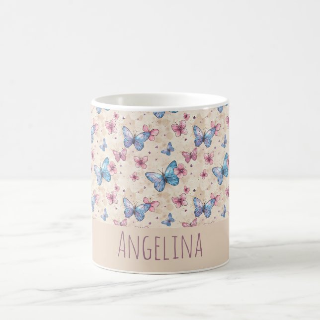 Aquarell-Rosa-Blau-Schmetterlingsmustername  Kaffeetasse (Mittel)
