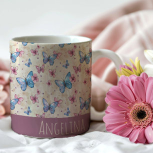 Aquarell-Rosa-Blau-Schmetterlingsmustername Kaffeetasse