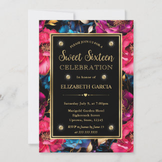 Aquarell-Rosa-Blau- und Goldene Blumen Sweet 16 Einladung