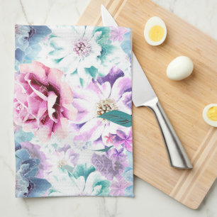 Aquarell rosa, blaue Blumen. Geschirrtuch