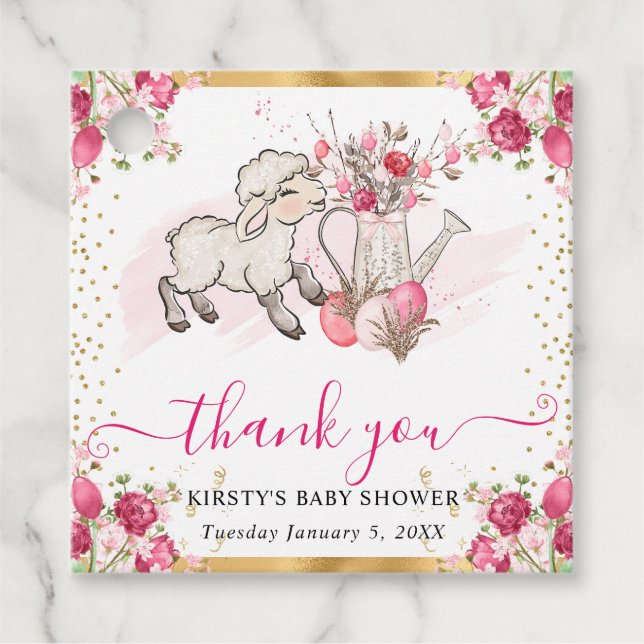 Aquarell Rosa Blume Frühlingslamm Babydusche Geschenkanhänger (Vorderseite)