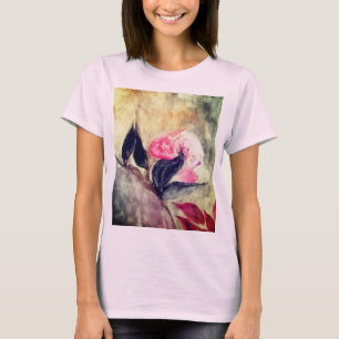 Aquarell Rosa Blume Schwarze Blätter Abstrakt T-Shirt