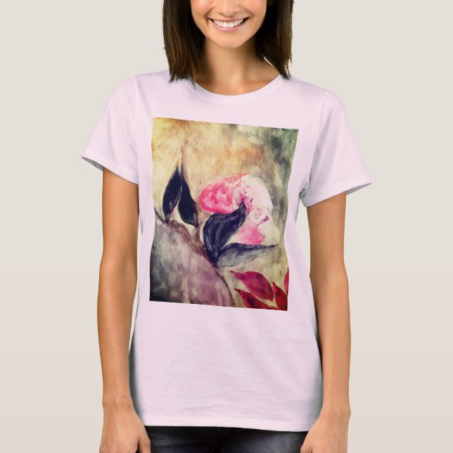 Aquarell Rosa Blume Schwarze Blätter Abstrakt T-Shirt (Vorderseite)