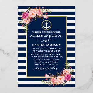 Aquarell-Rosa-Blumen-Anker Blaue Streifen Gold Folieneinladung