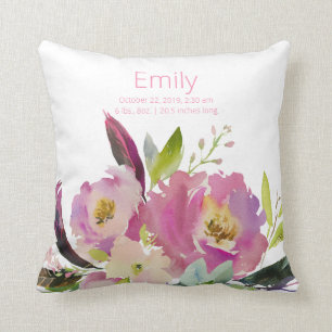 Aquarell-Rosa-Blumen-Babymädchen-Statistik-Nursery Kissen