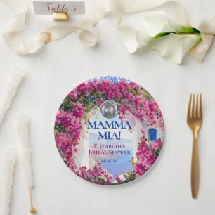 Aquarell-Rosa-Blumen Blaue Fliesen Disco-Kugel Pappteller