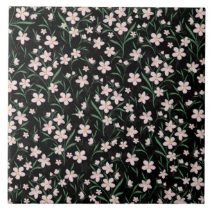 Aquarell-Rosa-Blumen-Botanik-Schwarz-Muster Fliese