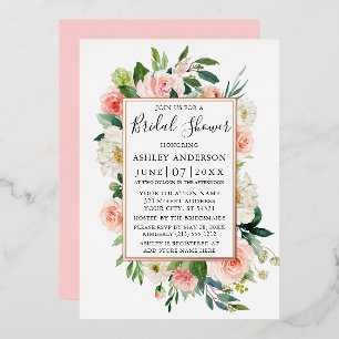Aquarell-Rosa-Blumen-Brautparty-Roségold Folieneinladung