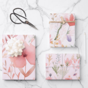 Aquarell-Rosa-Blumen Geschenkpapier Set