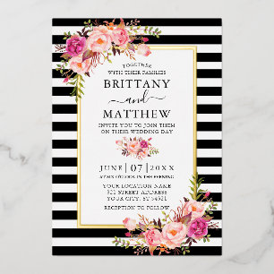 Aquarell-Rosa-Blumen-Gestreifte-Hochzeit-Gold Folieneinladung