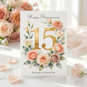 Aquarell-Rosa-Blumen-Gold 15. Hochzeitstag Karte