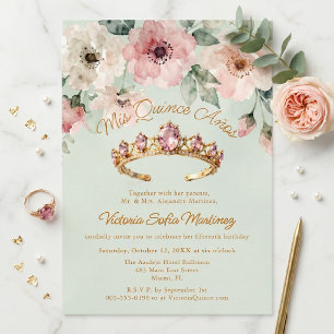 Aquarell-Rosa-Blumen-Gold-Tiara-Quinceañera Einladung