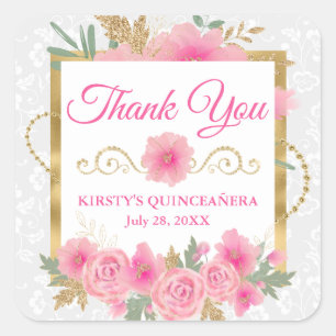 Aquarell Rosa Blumen & Goldfolie Quinceañera Quadratischer Aufkleber