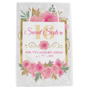 Aquarell-Rosa-Blumen & Goldfolie Sweet Sixteen Mittlere Geschenktüte