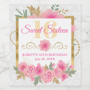 Aquarell-Rosa-Blumen & Goldfolie Sweet Sixteen Weinetikett