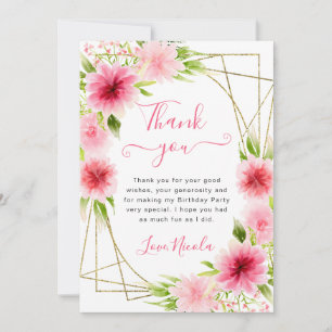 Aquarell-Rosa-Blumen-Goldrahmen-Geburtstag Dankeskarte