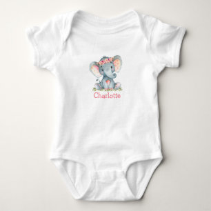 Aquarell-Rosa-Blumen-Grün-Baby-Elefant Baby Strampler