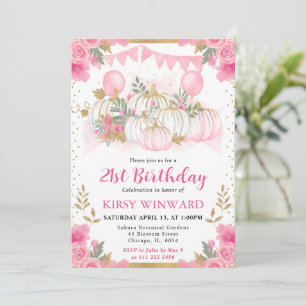 Aquarell Rosa Blumen Herbst Kürbis Geburtstag Einladung