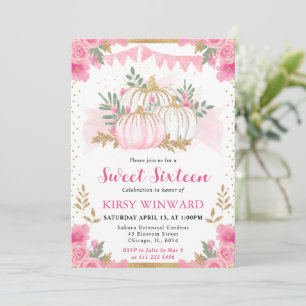 Aquarell Rosa Blumen Herbst Kürbis Sweet 16 Einladung