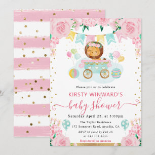 Aquarell Rosa Blumen Löwe Baby Shower Einladung