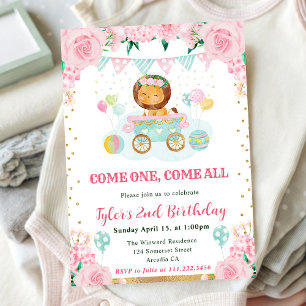 Aquarell-Rosa-Blumen-Löwe-Kinder-Geburtstag Einladung