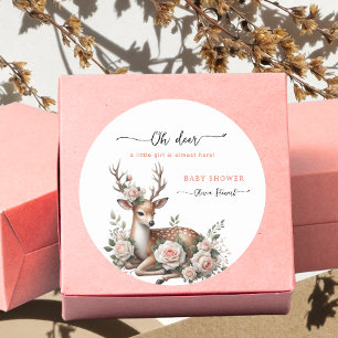 Aquarell-Rosa-Blumen oh Hirsch-Baby-Party Runder Aufkleber
