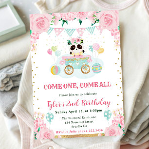 Aquarell Rosa Blumen Panda Kinder Geburtstag Einladung