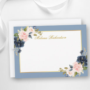 Aquarell-Rosa-Blumen-Staubblau - Größe wählen - Mitteilungskarte