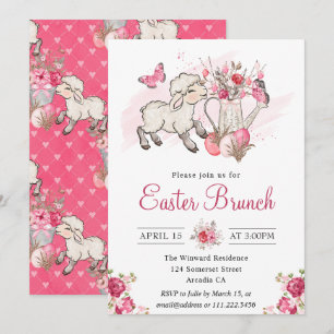 Aquarell Rosa Blumen & Süßes Lamm Osterbrunch Einladung