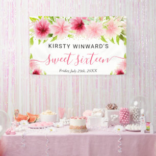 Aquarell Rosa Blumen Sweet Sixteen Willkommen Banner