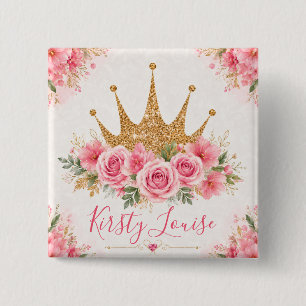Aquarell-Rosa-Blumen und goldene Tiara Button