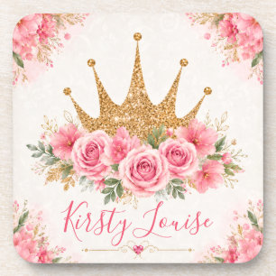 Aquarell-Rosa-Blumen und goldene Tiara Getränkeuntersetzer