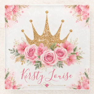 Aquarell-Rosa-Blumen und goldene Tiara Glasuntersetzer