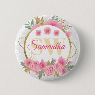 Aquarell-Rosa-Blumen und Goldfolie-Monogramm Button