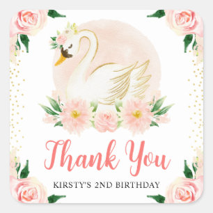 Aquarell-Rosa-Blumen-und-Schwan-Geburtstag Quadratischer Aufkleber