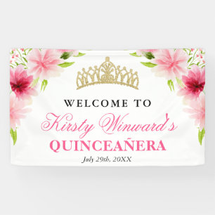 Aquarell-Rosa-Blumen Willkommen Quinceanera Banner