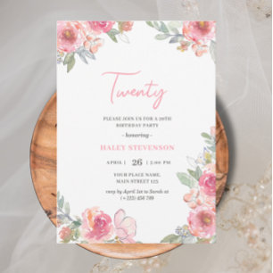 Aquarell-Rosa-Blumen-Zwanzig-Boho-Chic-Geburtstag Einladung