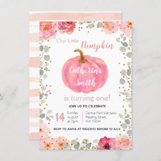 Aquarell-rosa Blumengoldkürbis-1. Geburtstag Einladung