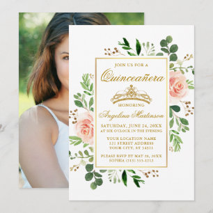 Aquarell Rosa Blumengrün Foto Quinceanera Einladung
