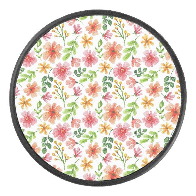Aquarell-Rosa-Blumenmuster Eishockey Puck (Vorderseite)
