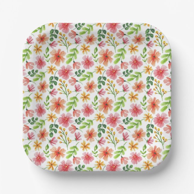 Aquarell-Rosa-Blumenmuster Pappteller (Vorderseite)