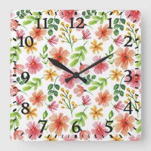 Aquarell-Rosa-Blumenmuster Quadratische Wanduhr