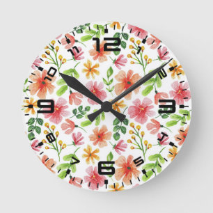 Aquarell-Rosa-Blumenmuster Runde Wanduhr