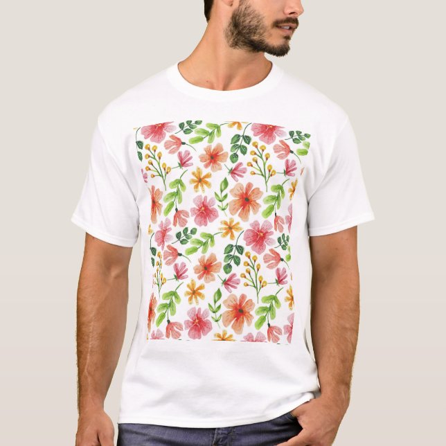 Aquarell-Rosa-Blumenmuster T-Shirt (Vorderseite)