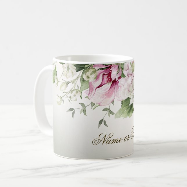 Aquarell Rosa Blumenrahmen Shiny Bronze Elegante Kaffeetasse (Vorderseite Links)